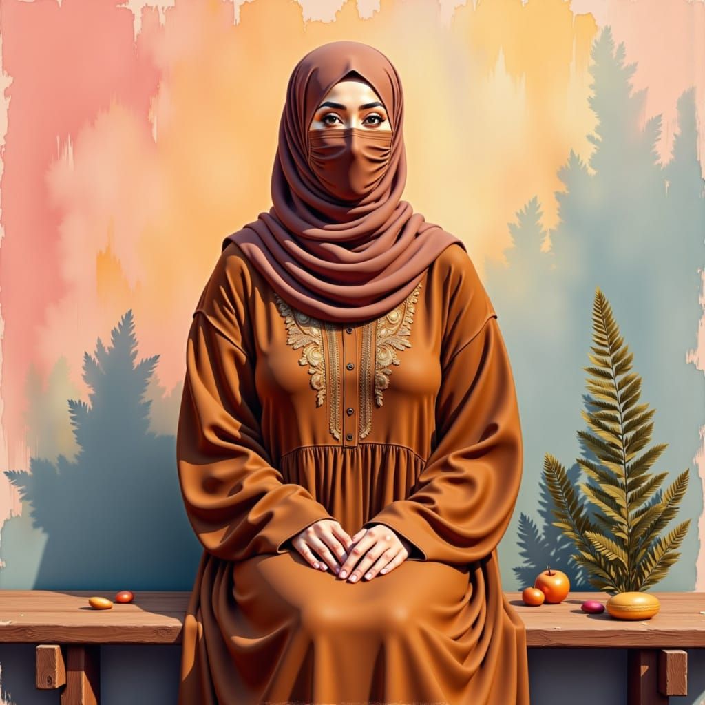 Serene Woman in Hijab, Dreamy Oil-Guache Painting