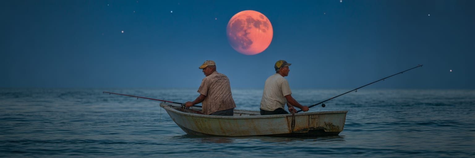 Fishermen Silhouetted Under Red Moon: Natural Lighting