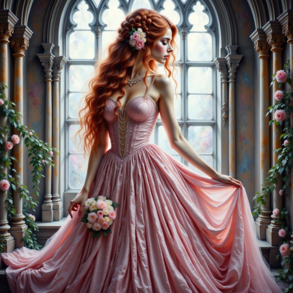 Gothic Princess with Red Hair in Pink Gown