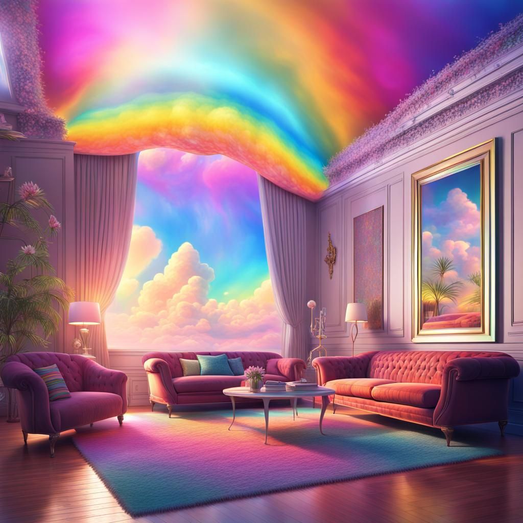 Dreamy Living Room with Rainbow Skies in 8K