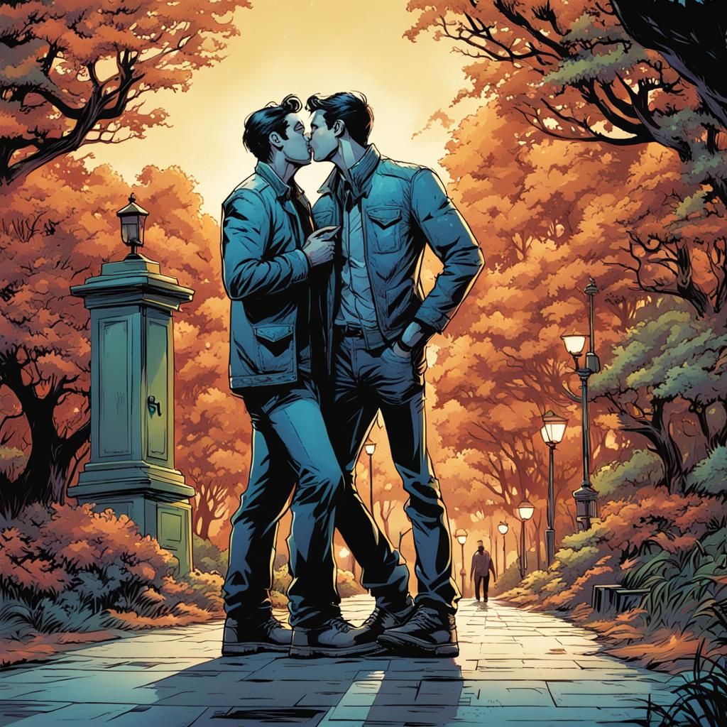 Men Kissing in Park, Comic Book Art Style