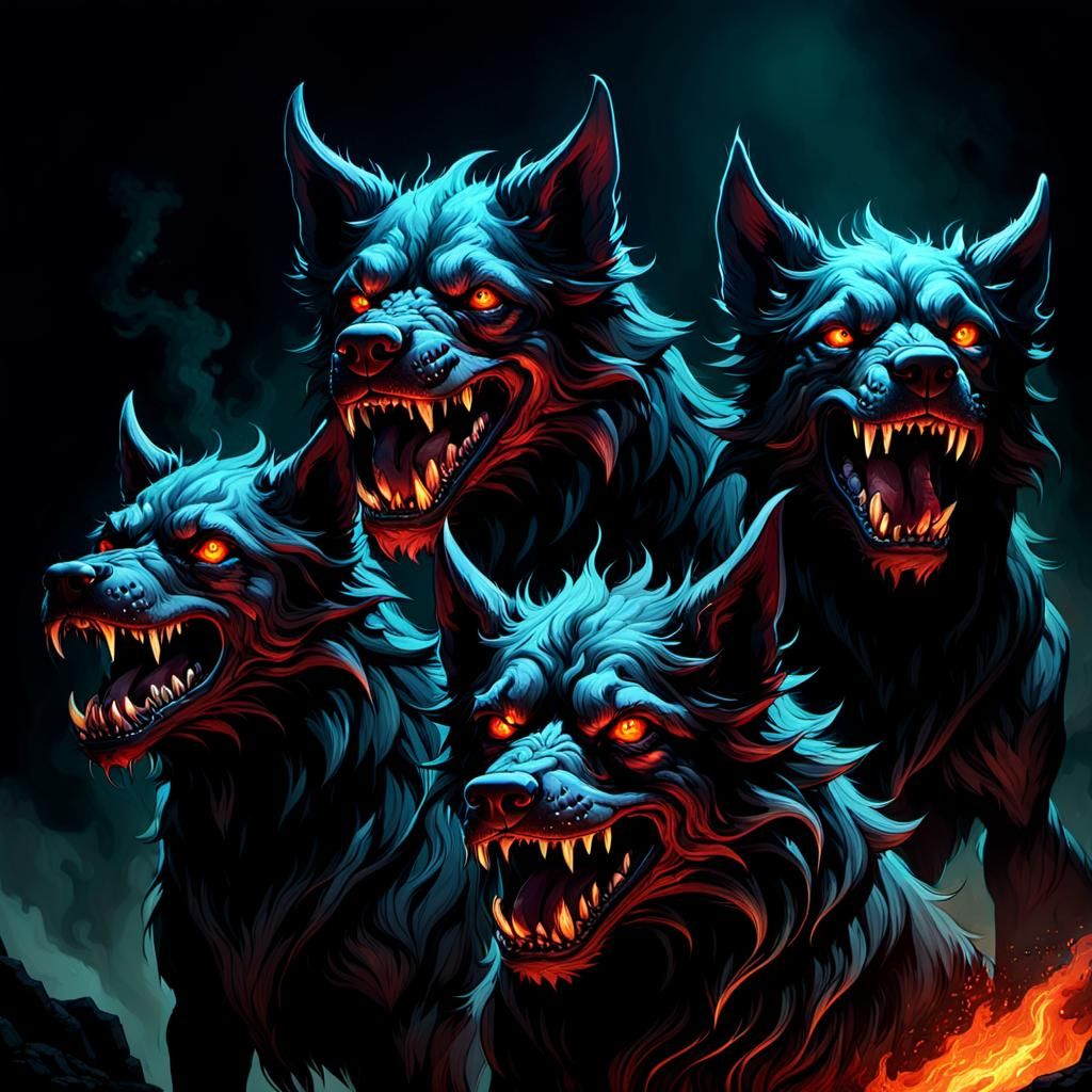 Three-Headed Dog of Hell in Dark Fantasy Art