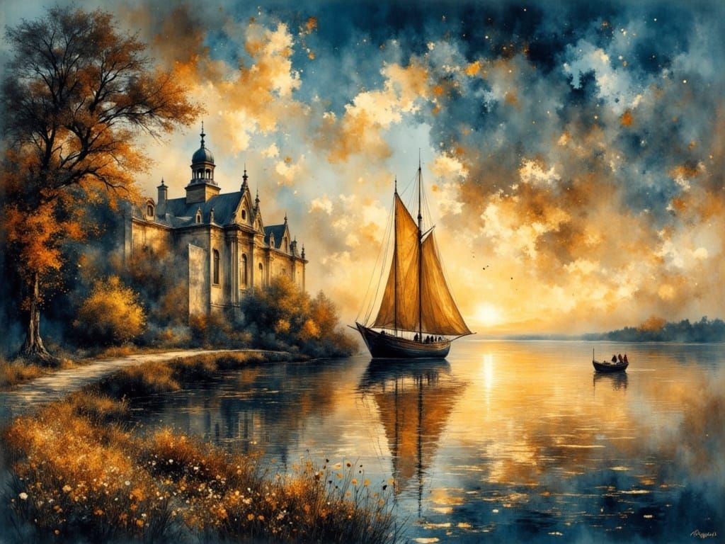 Antique Sailboat at Twilight: Watercolor Style