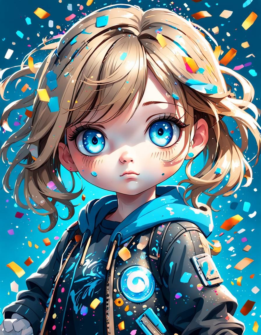 Charming Chibi Girl Graffiti Portrait with Confetti