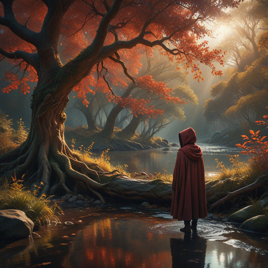 Whimsical Autumnal Scene: Majestic Red Tree and Gentle Creek