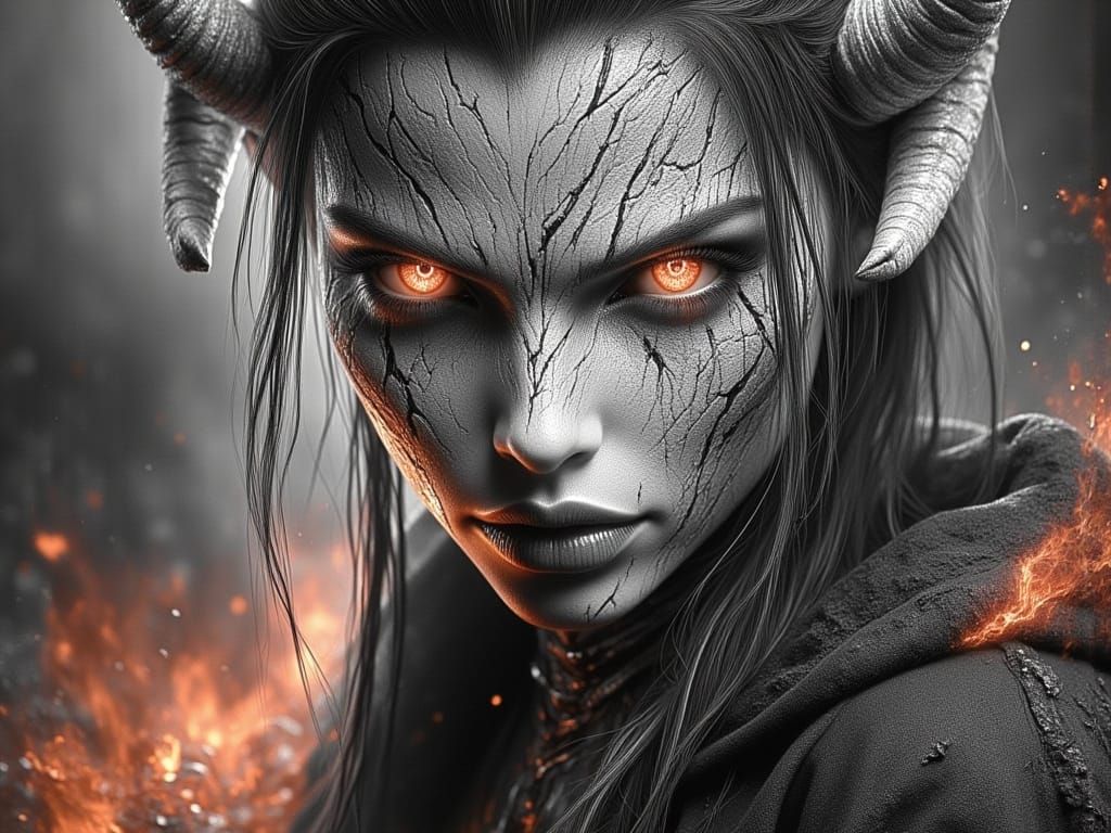 Intense Female Tiefling Wizard Casting Fire Magic