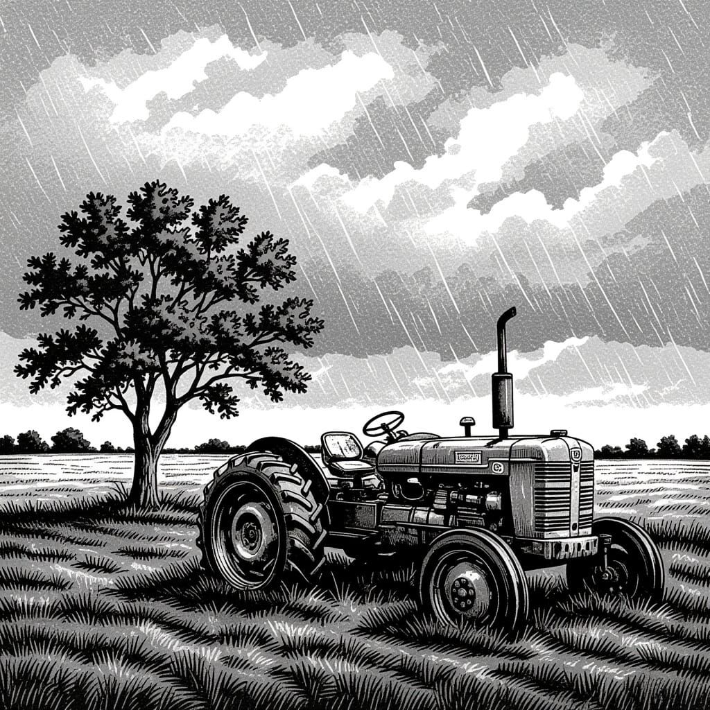 Vintage Tractor Under Stormy Skies, in Ink Drawing Style