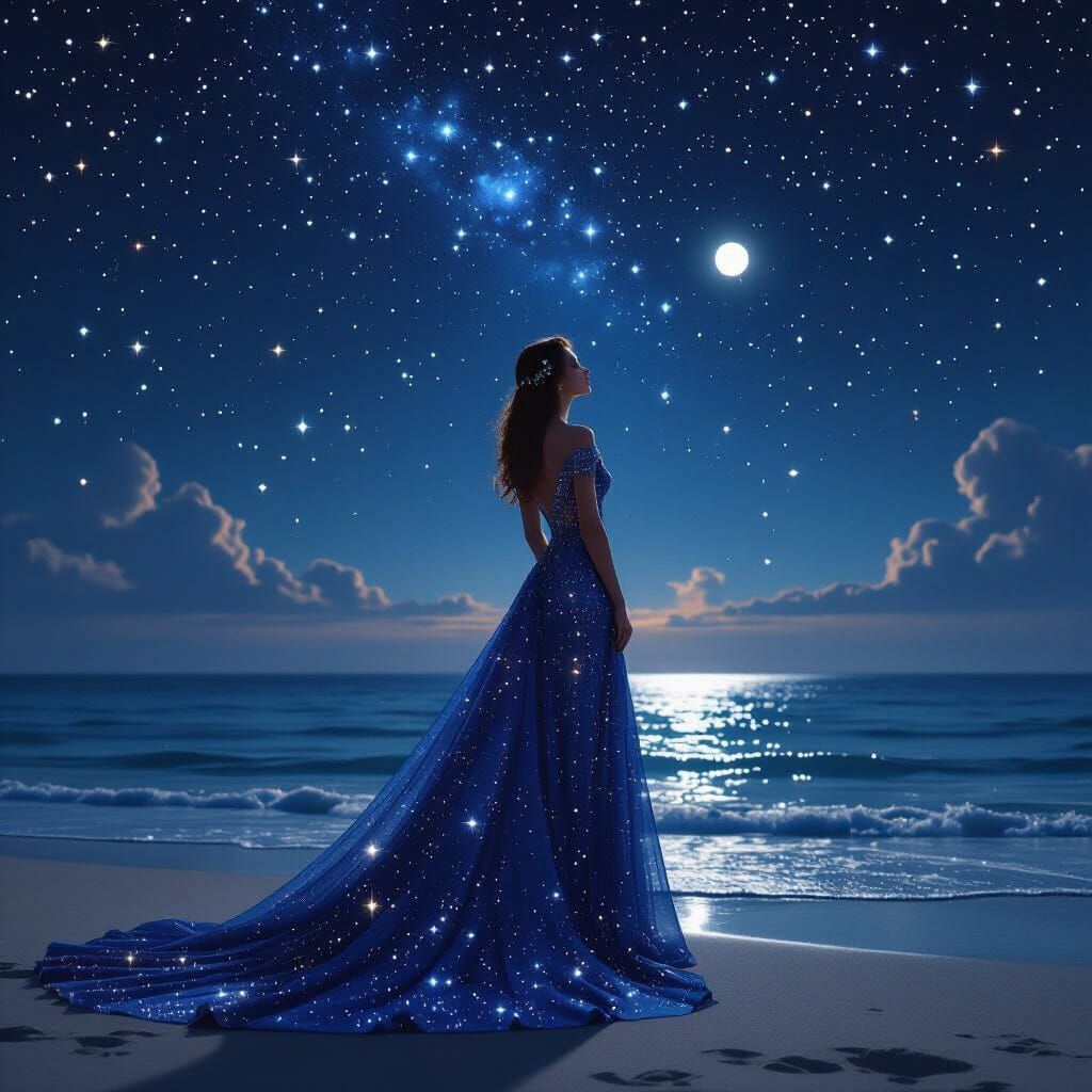 Woman in Starry Gown Gazes at Night Sky on Seashore