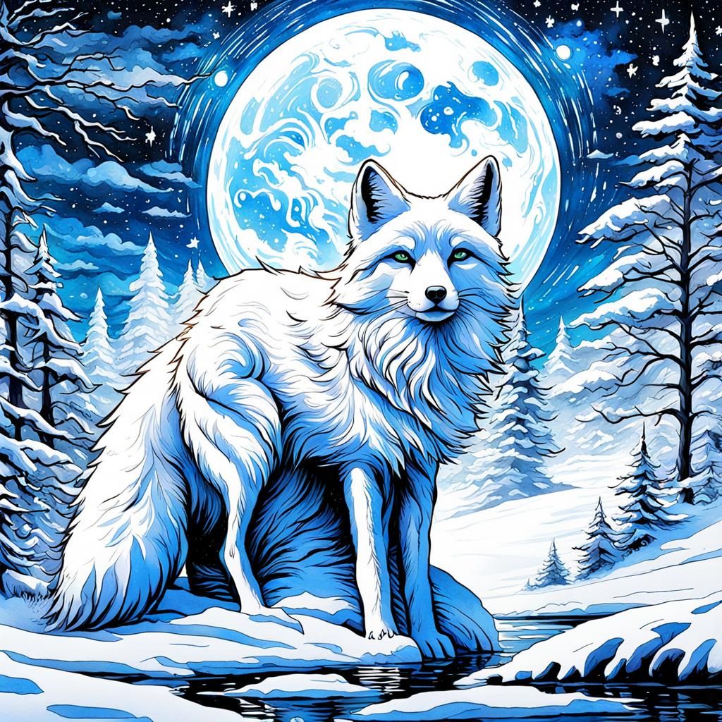 Ethereal Snow Fox in High Gothic Watercolor