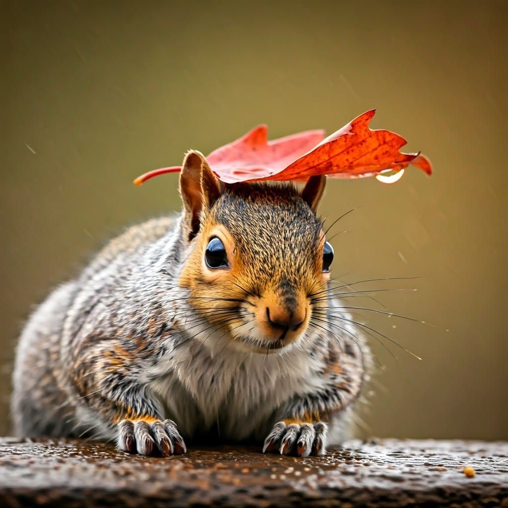 Squirrel Shelters Under Leaf in Autumn Rain