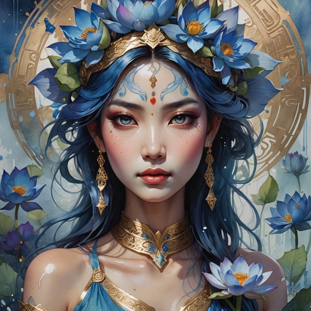 Blue Lotus Goddess Watercolor Portrait