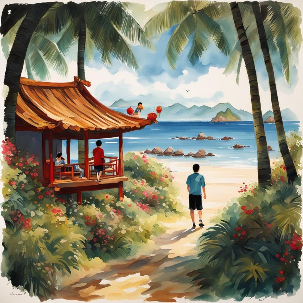 Tranquil Chinese Cove with Couple and Cabana