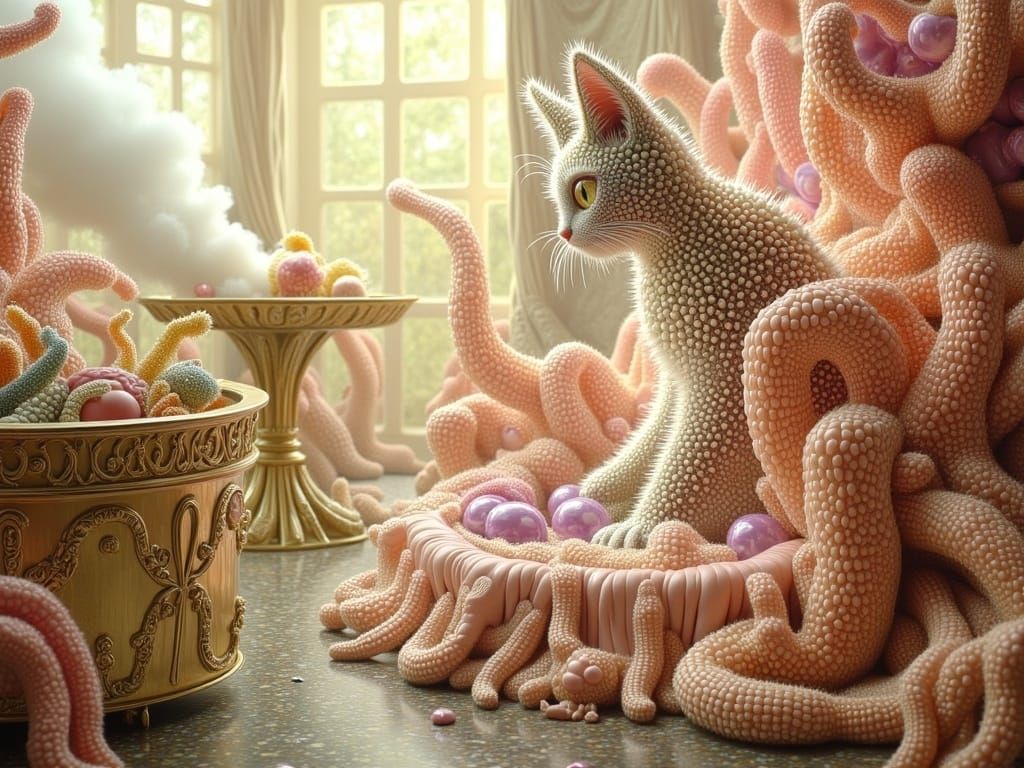 Regal Feline Queen in Opulent, Mystical Realm