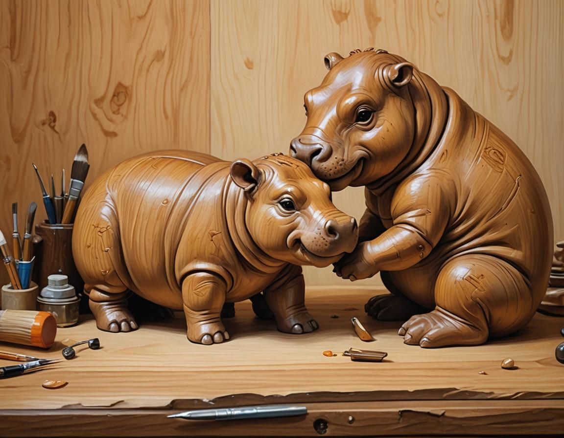 Craftsman Carves Hippo Sculpture as Oil Painting