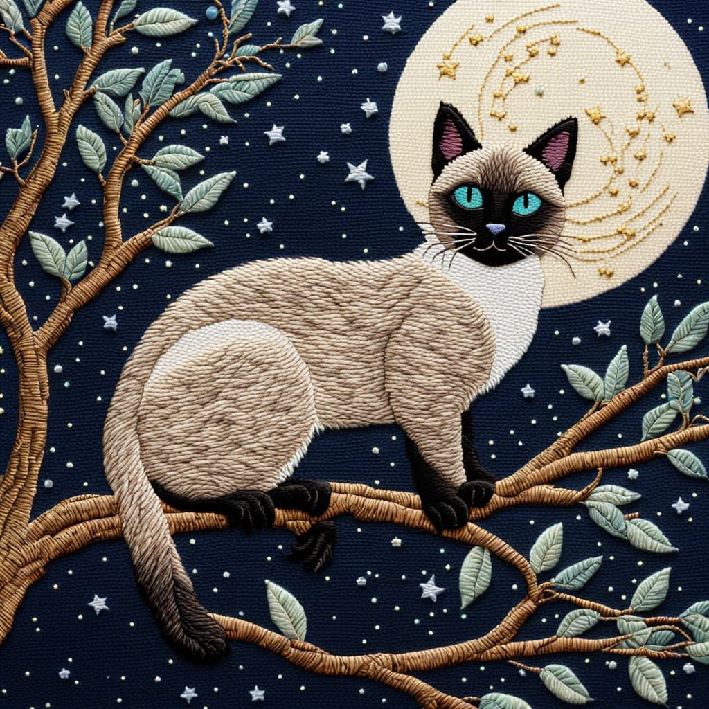 Siamese Cat Embroidery in Whimsical Folk Art Style