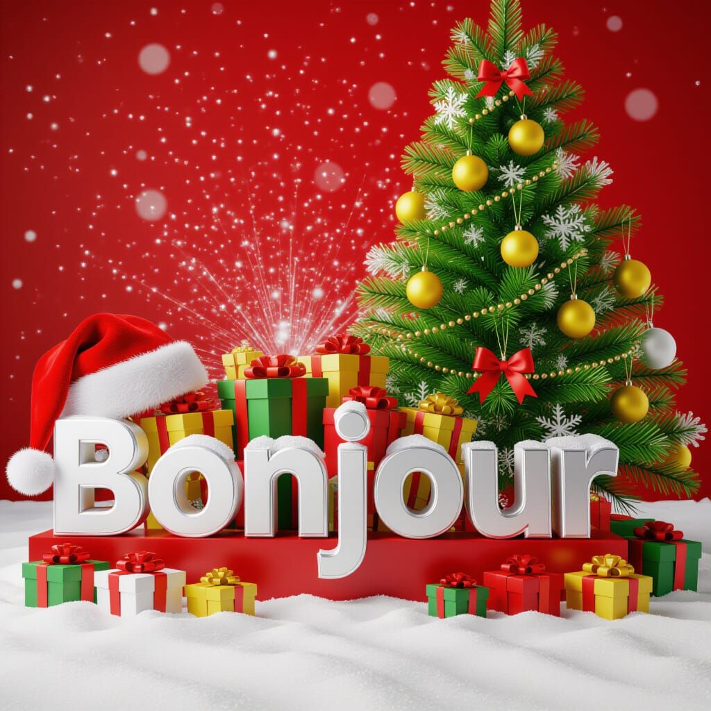 Festive Christmas Scene with "Bonjour" Text in 3D Render