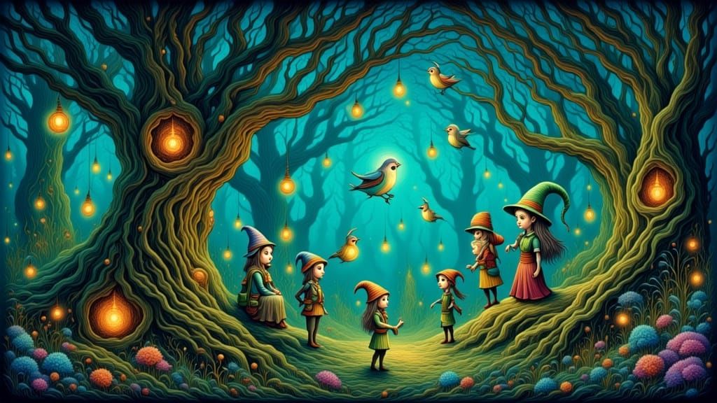 Mystical Forest Gathering of Elves and Goblins