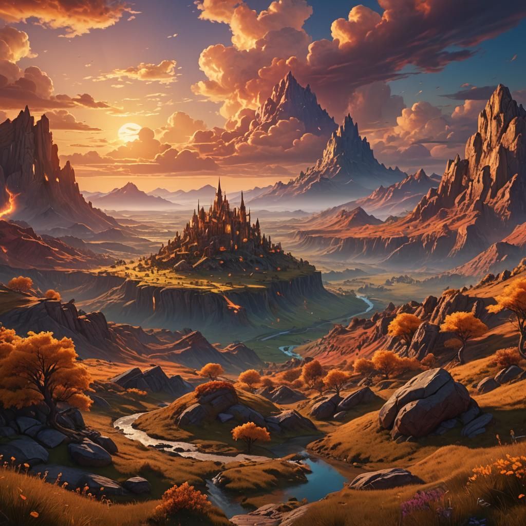 Vibrant Sunset Landscape in a Fantasy World