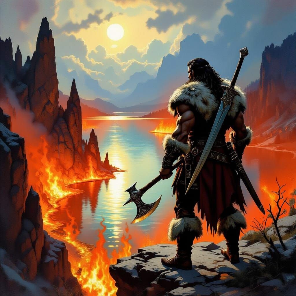 A powerful warrior in rich furs, a sword sheathed on his bac...