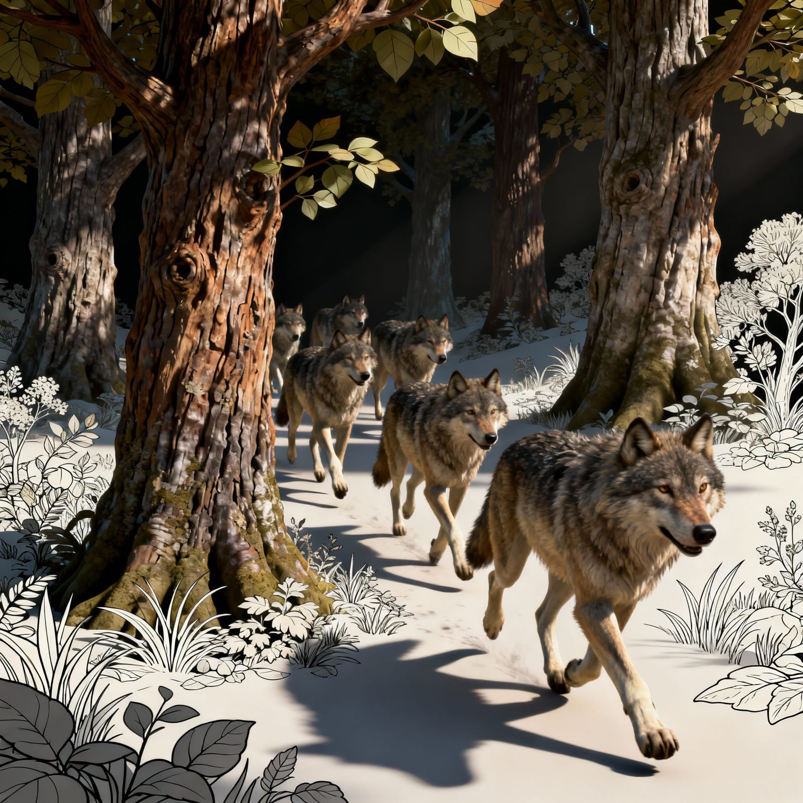 Hyperrealistic Wolves in a Fantastical 3D Forest
