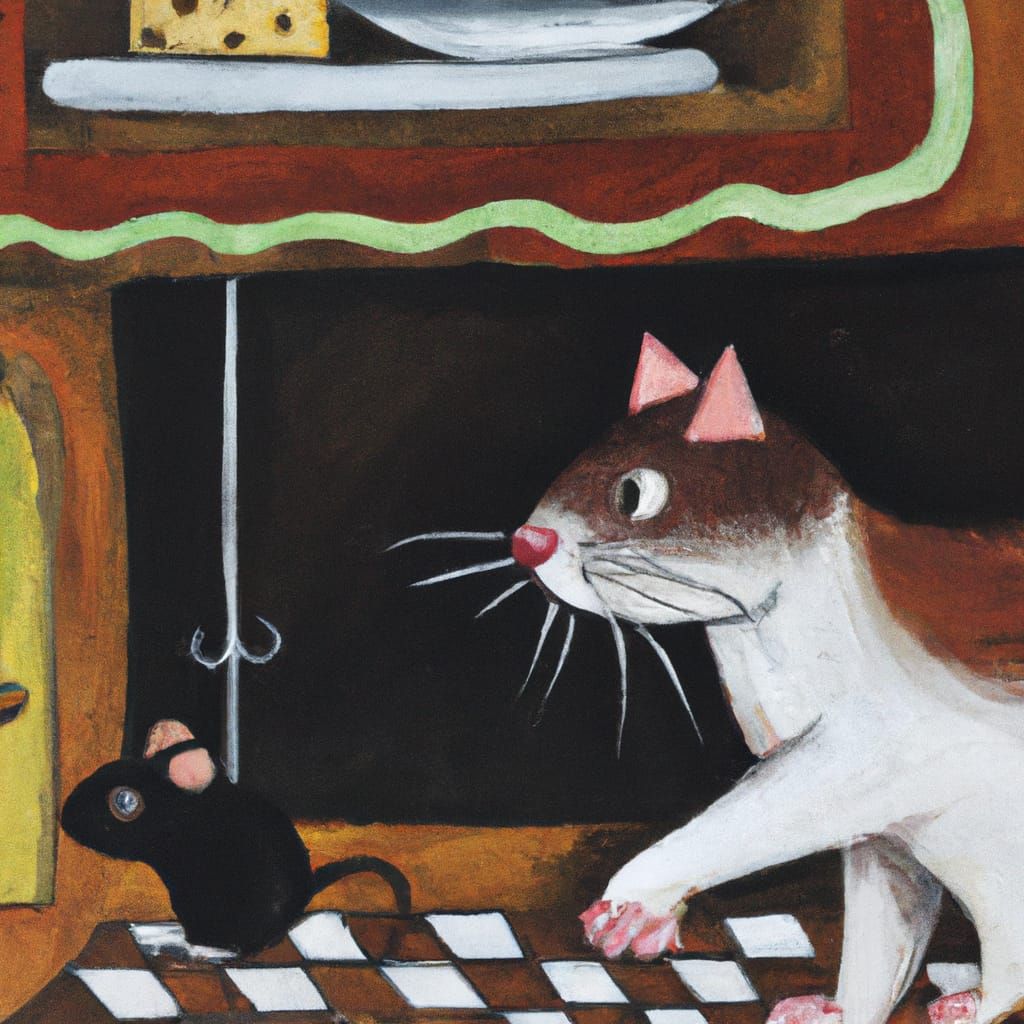 Anxious Mouse Waits for Cat in Kitchen, Gouache Painting