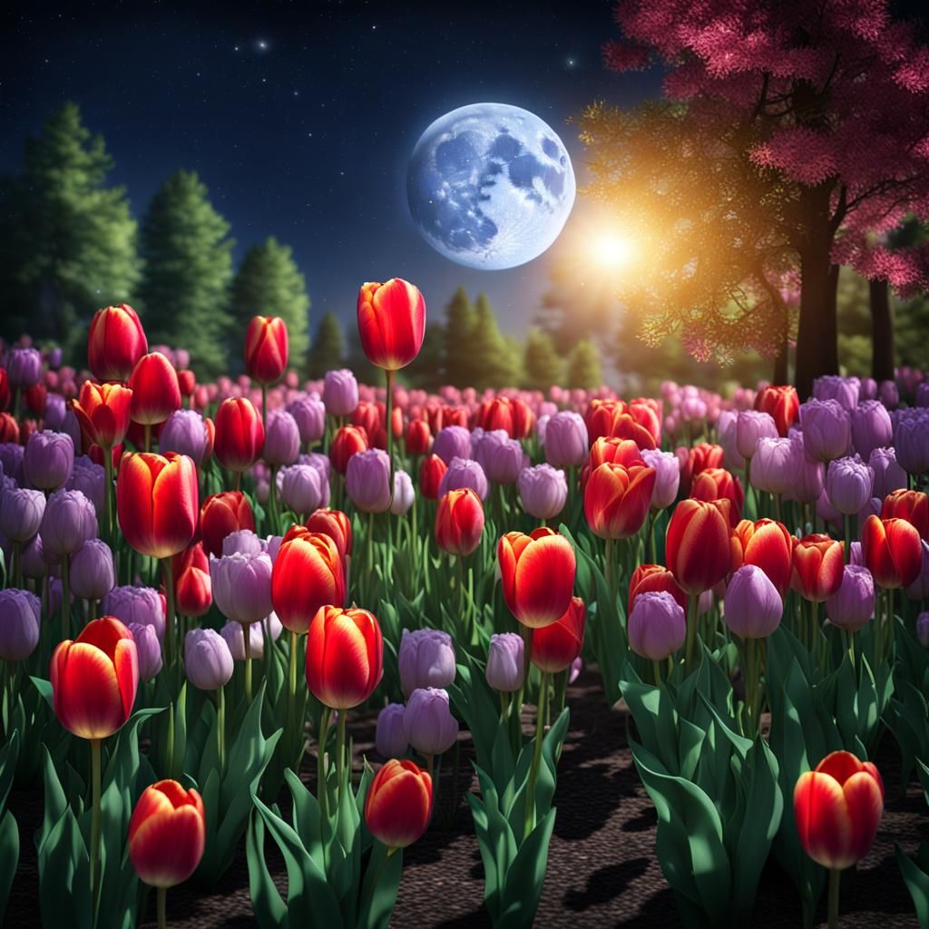 Tulips in Moonlight: 3D Digital Art Masterpiece