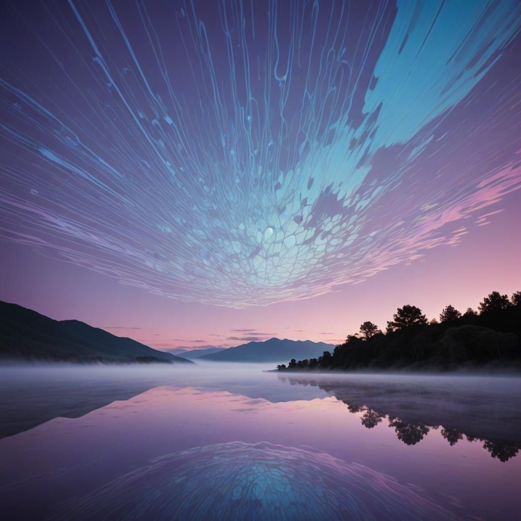 Dreamy, Ethereal Landscape with Vibrant Neon Lights and Swir...