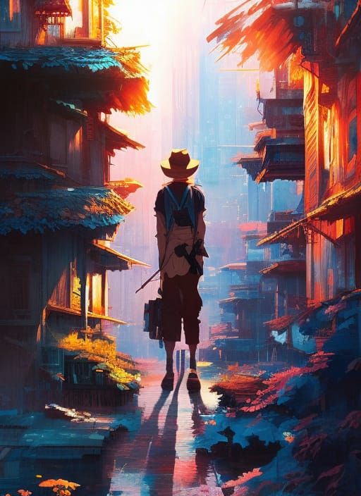 Hyperdetailed Street Scene: Gouache and Calligraphy Illustra...