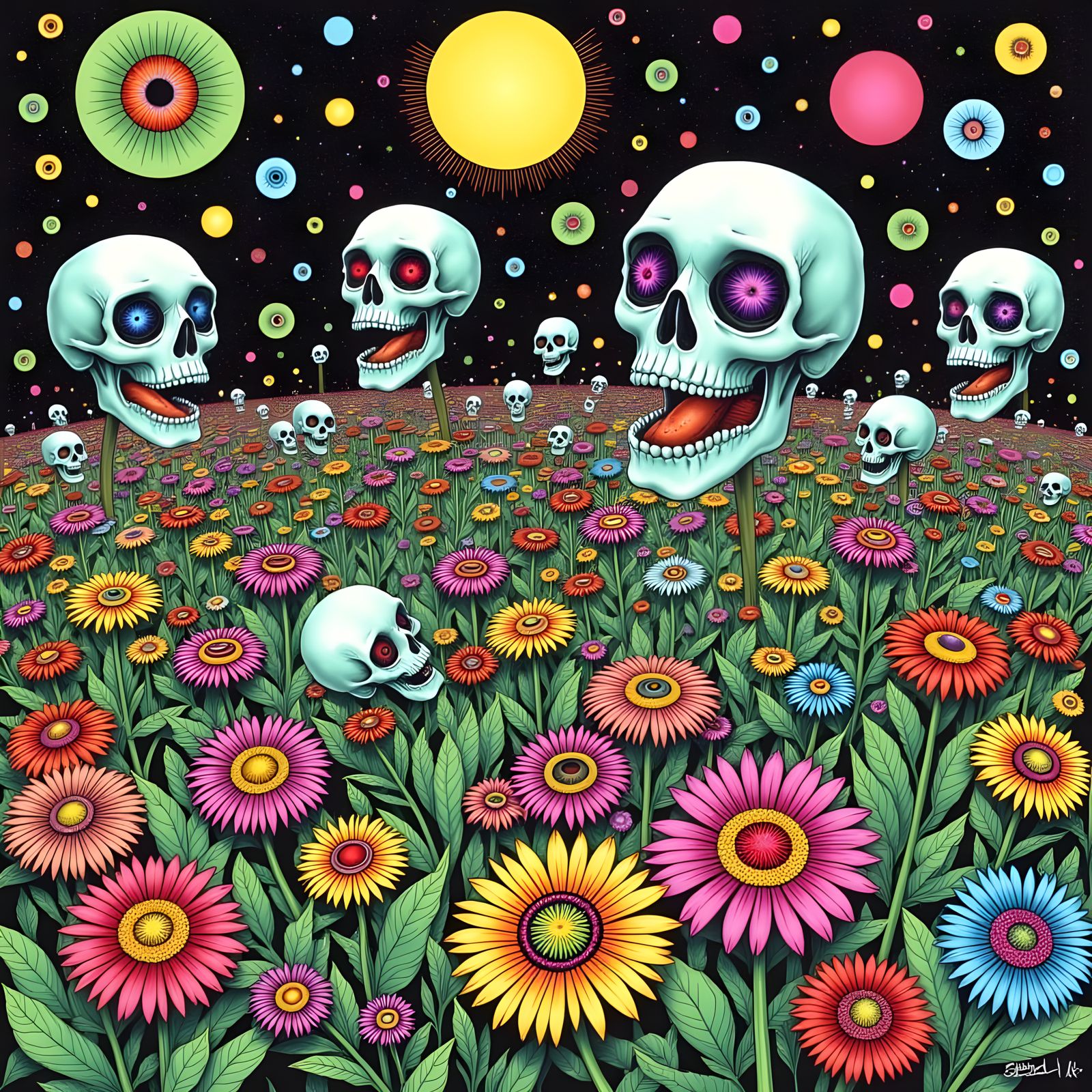 Psychedelic Singing Skulls in an Eye Garden