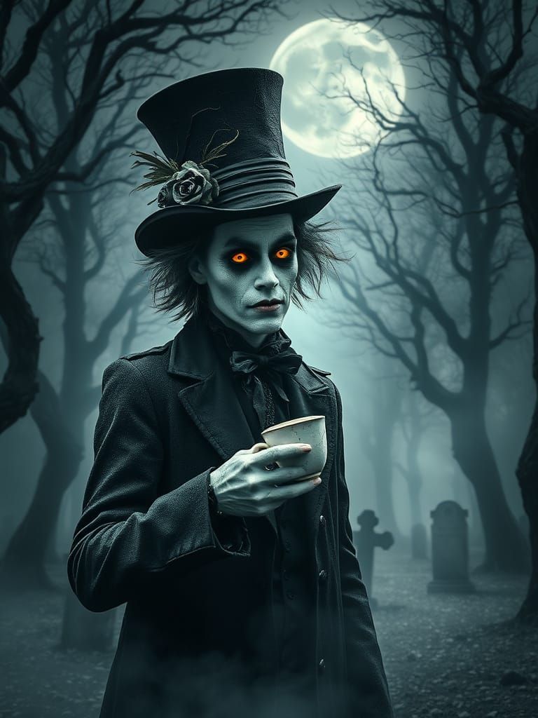 Gothic Ghost Mad Hatter in Misty Twilight Forest