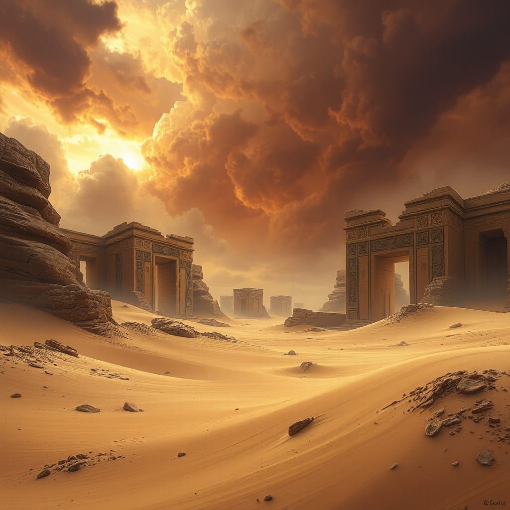 Desert Ruins Emerge from Epic Sandstorm Matte Painting