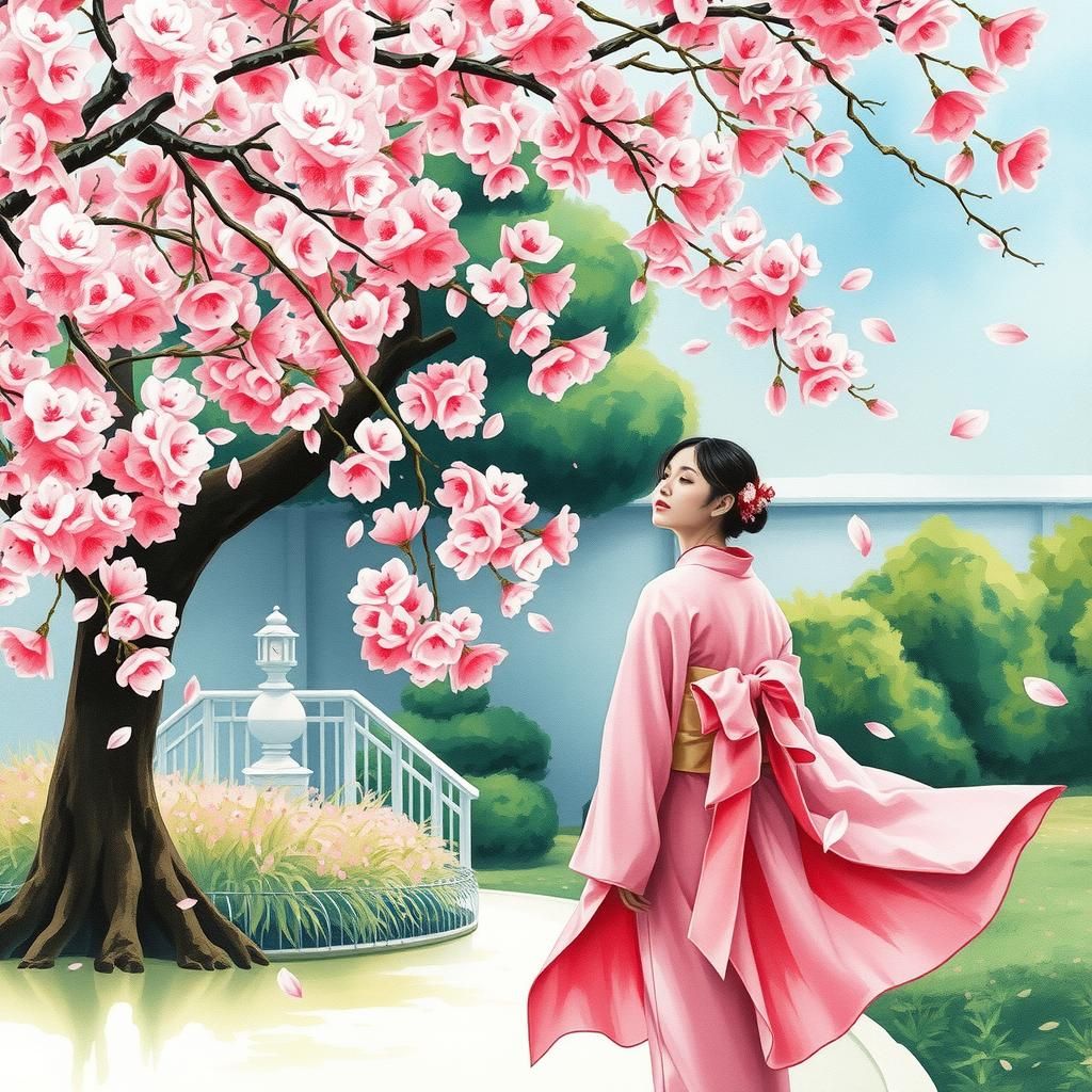 Woman in Kimono Under Cherry Blossom Tree