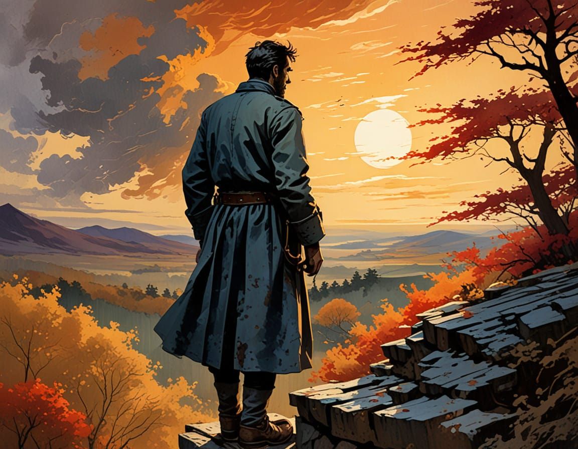 Ethereal Firewatcher Standing Amidst a Fading Sunset in a We...