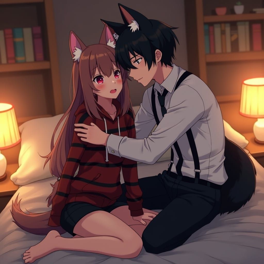 Anime Couple with Wolf Features in Cozy Bedroom