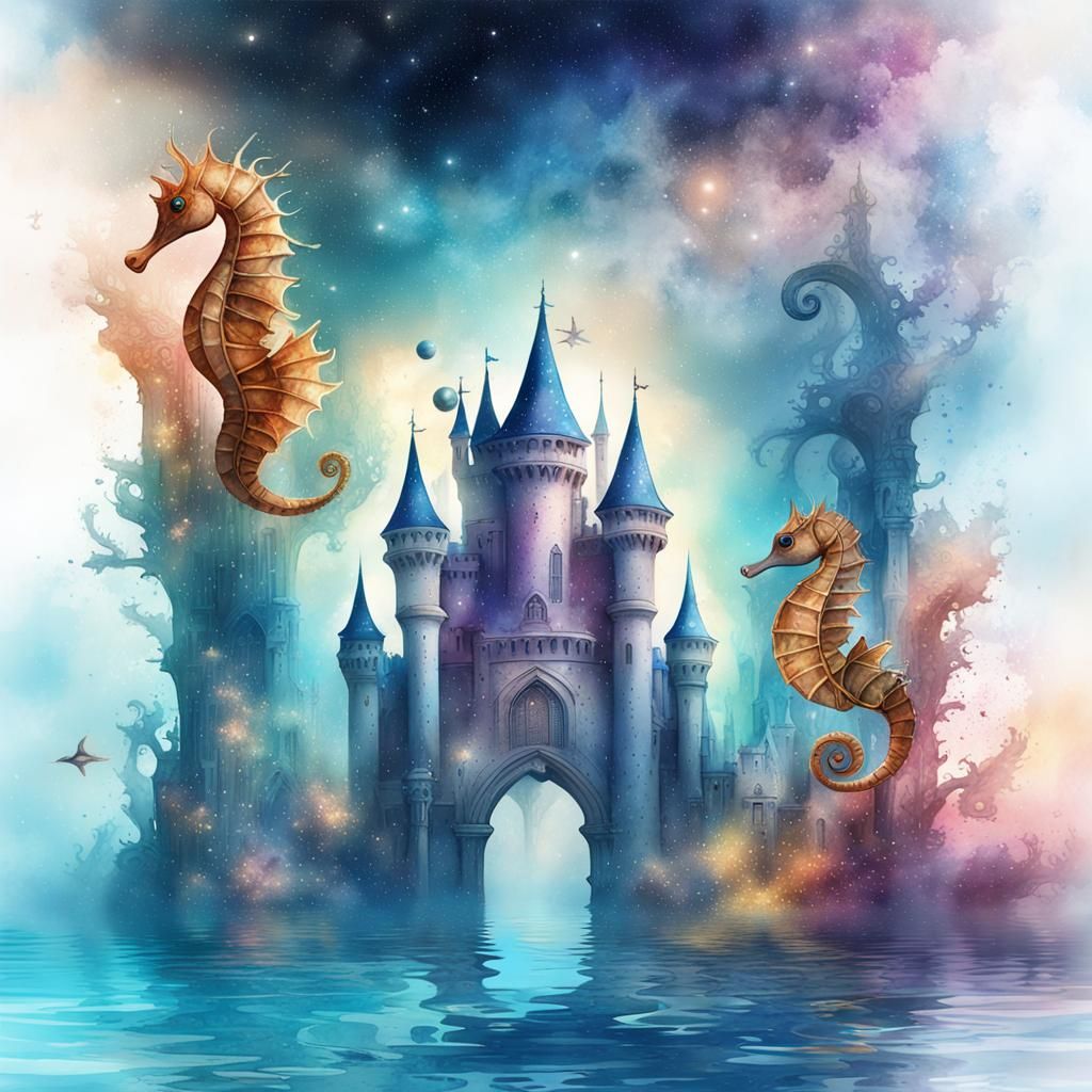 Underwater Castle with Seahorses and Galaxies in Watercolor