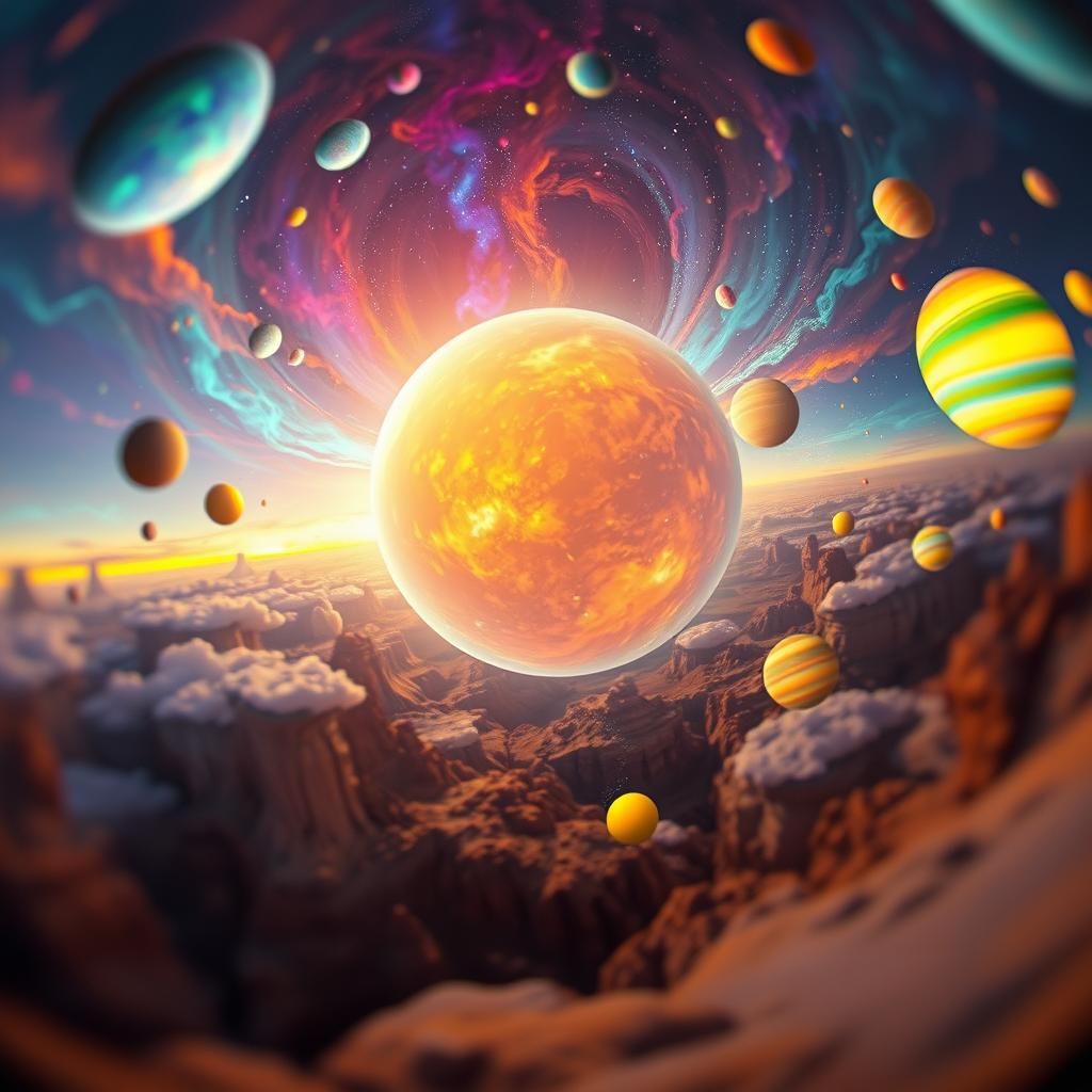 Ethereal Cosmic Being Surrounded by Glowing Planets