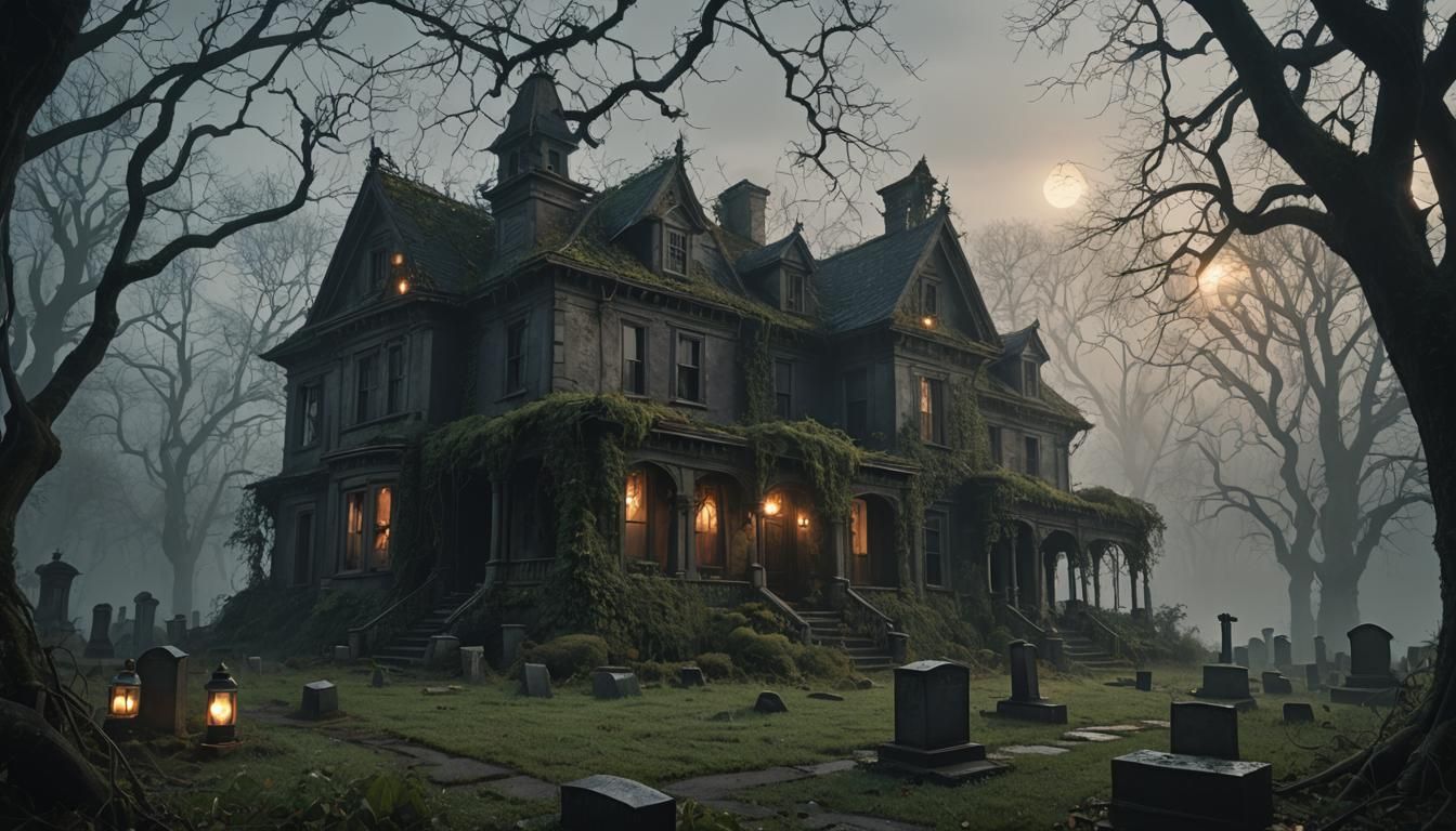 Eerie Abandoned House Design with Overgrown Graveyard