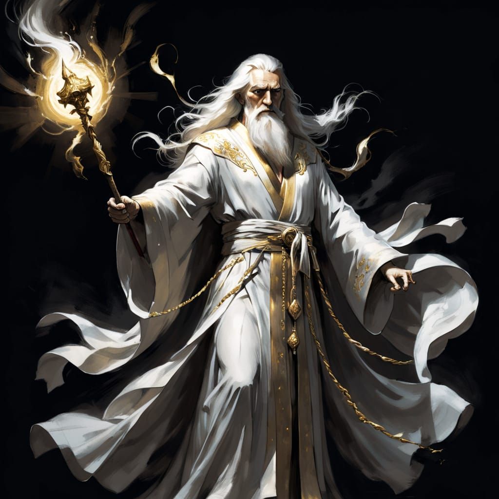 Expressive colored charcoal sketch.
A male wizard with long,...