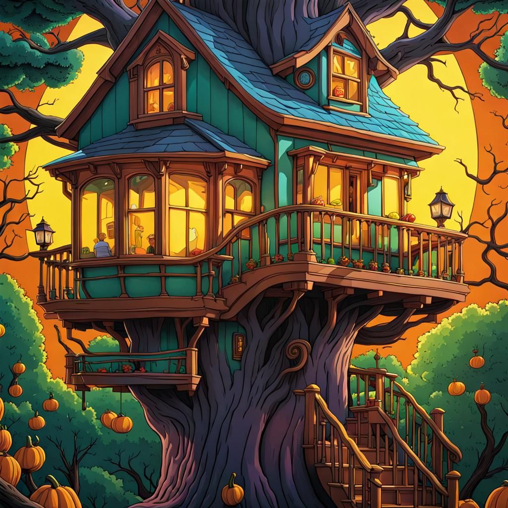 Horror Treehouse in Cartoon Style