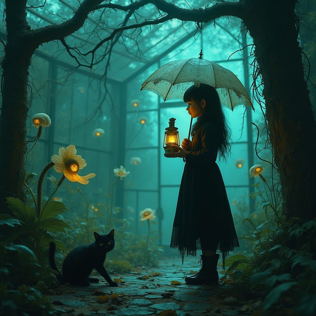 Gothic Girl in Bioluminescent Garden, Oil Painting Style