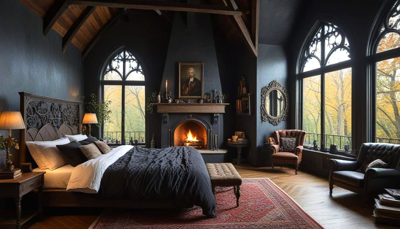 Gothic Bedroom Loft Library with Autumn Forest View
