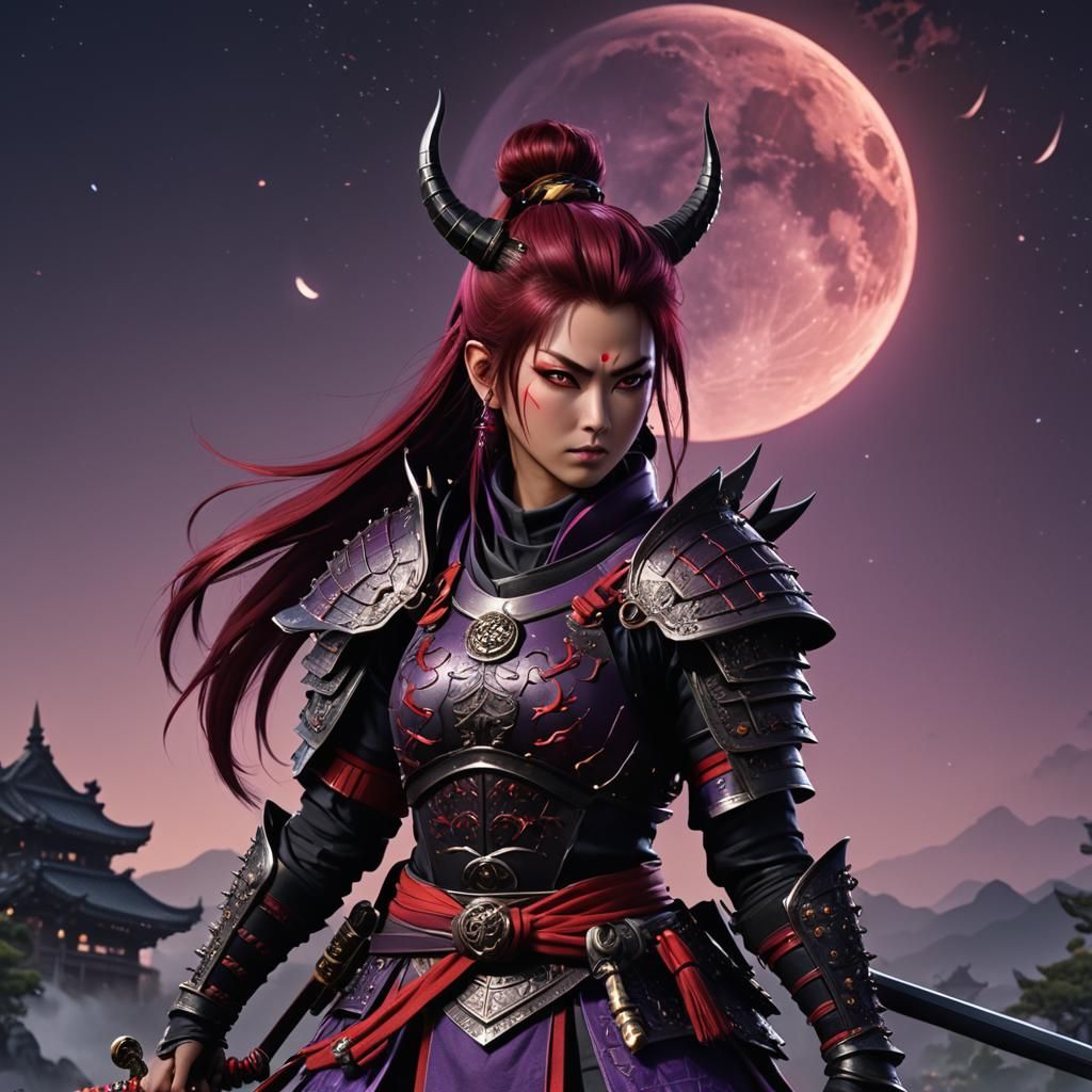 Anime Samurai Demon with Spiky Armor and Red Hair