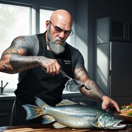 Hyperrealistic Cook Preparing Fish in Kitchen