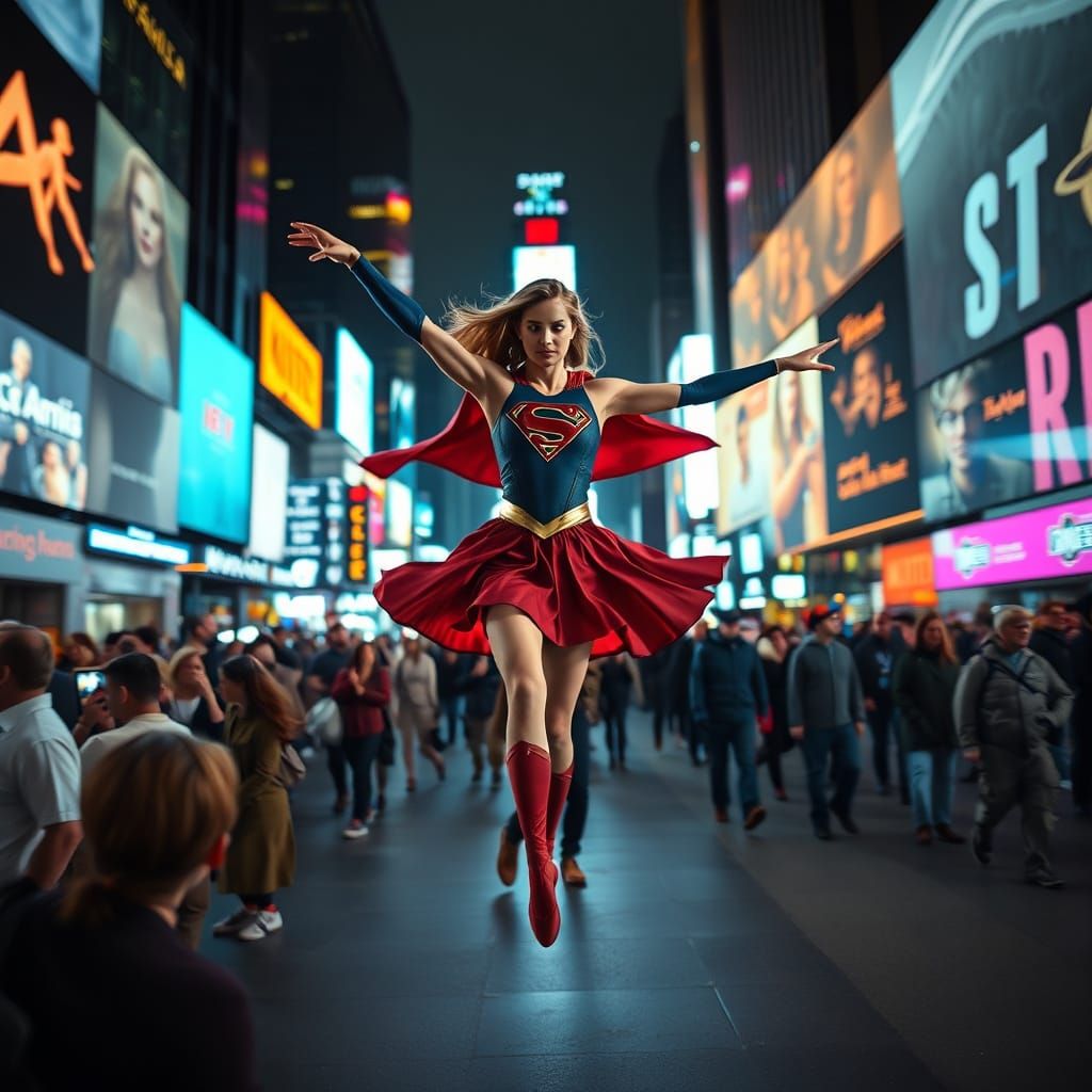 Supergirl Ballerina Spin in Times Square, Hyperrealistic