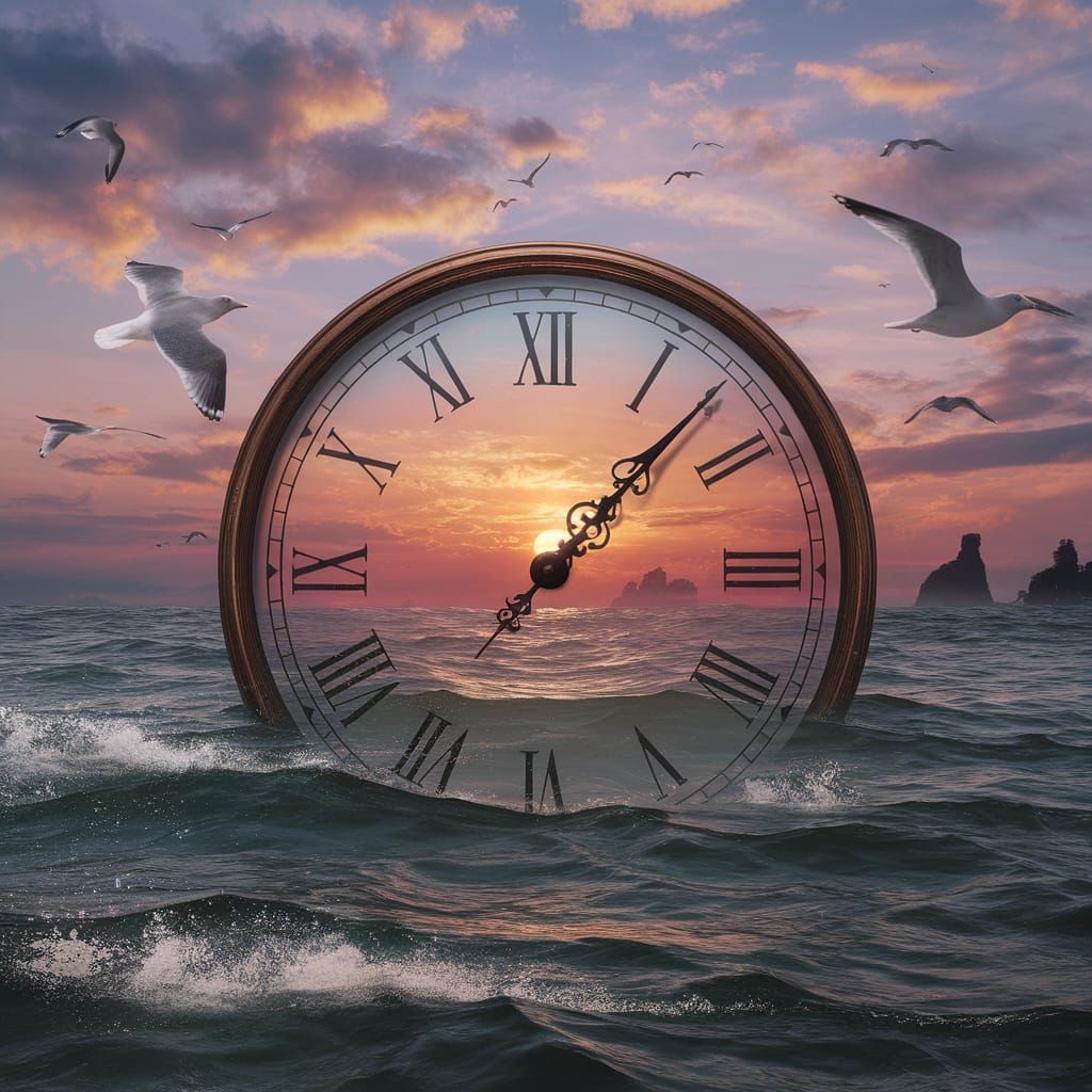 Clock in Ocean at Sunset: Detailed Matte Painting