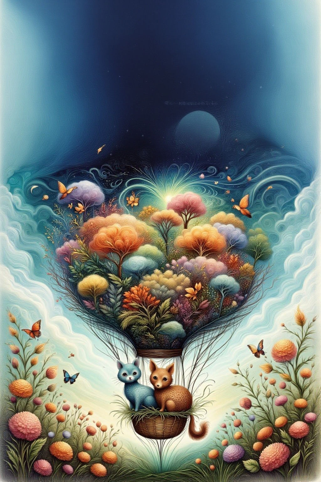 Colorful Hot Air Balloon with Woodland Creatures, Impression...