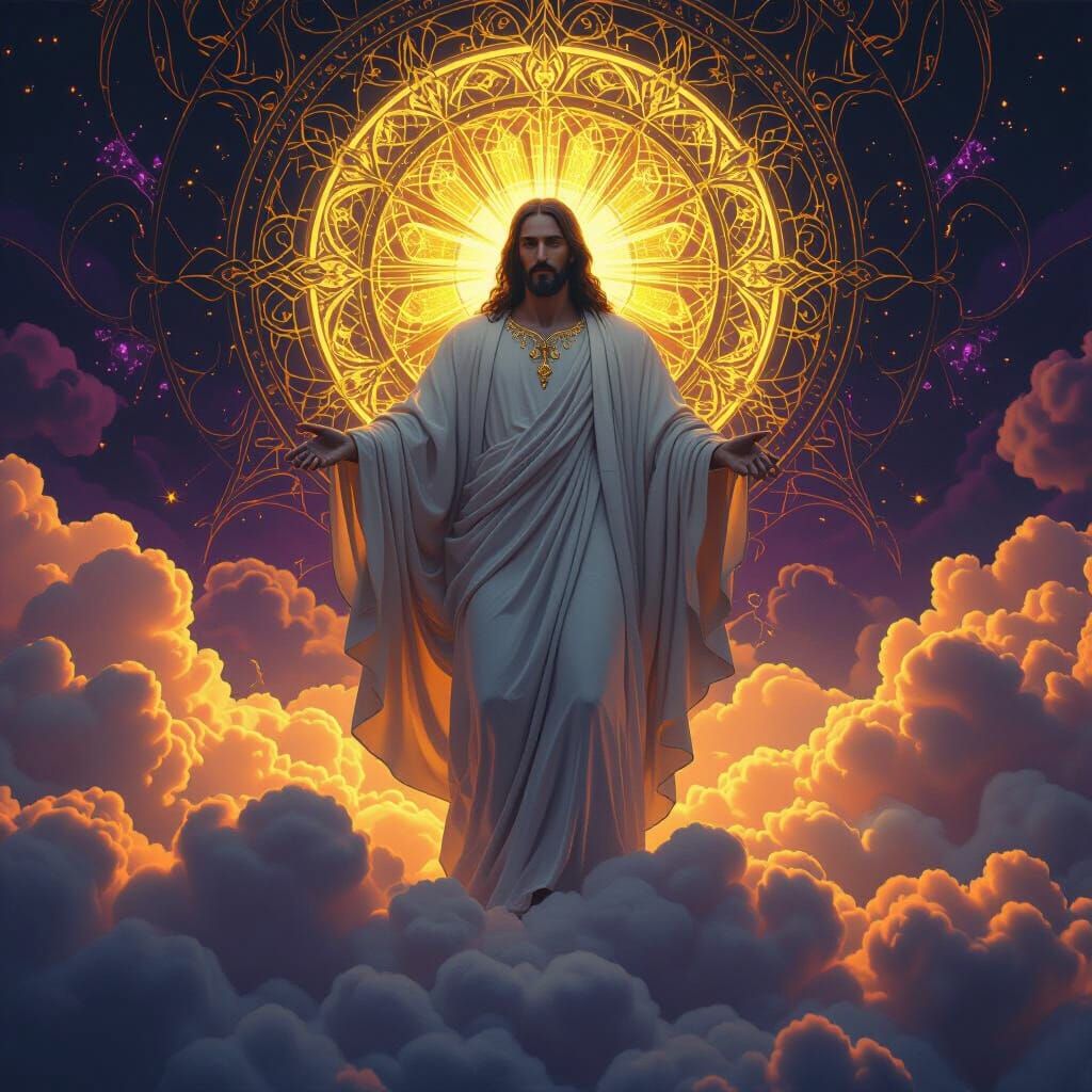 Jesus on Celestial Cloud in Dark Fantasy Style