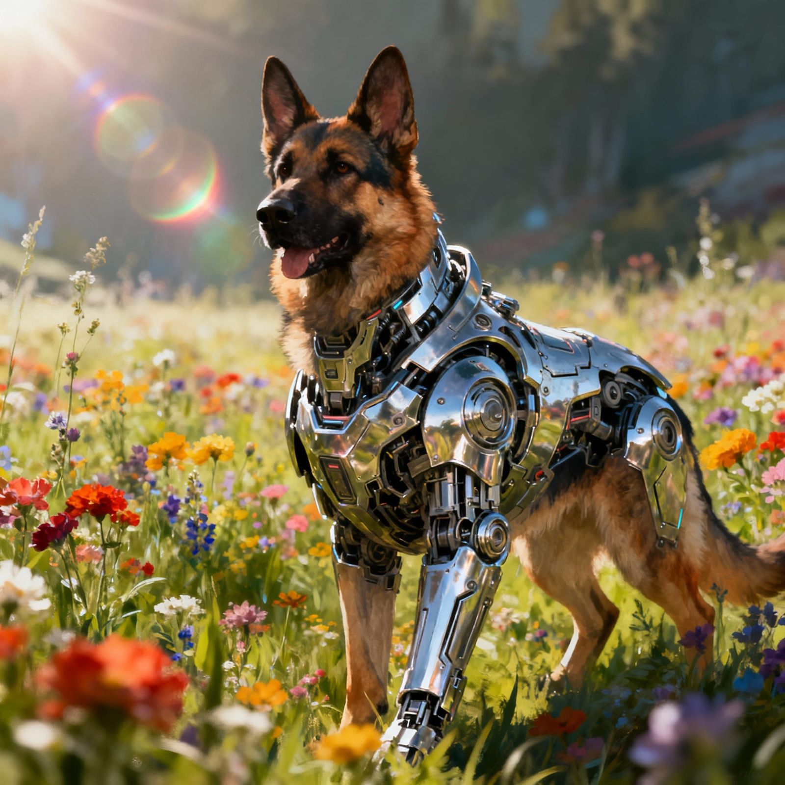 Robotic German Shepherd in Flower Field, Cinematic Lighting