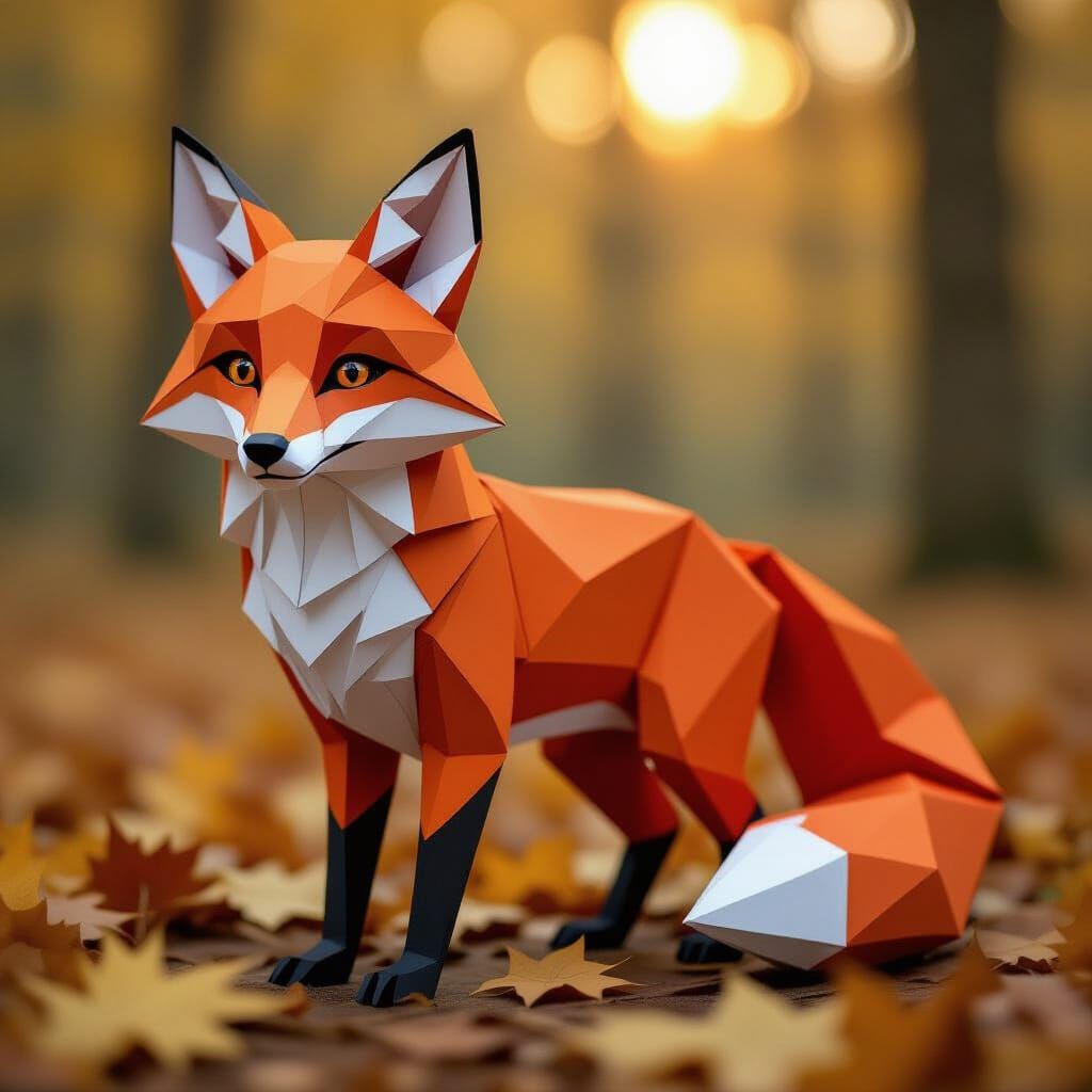 Origami Red Fox Sculpture in Autumn Light
