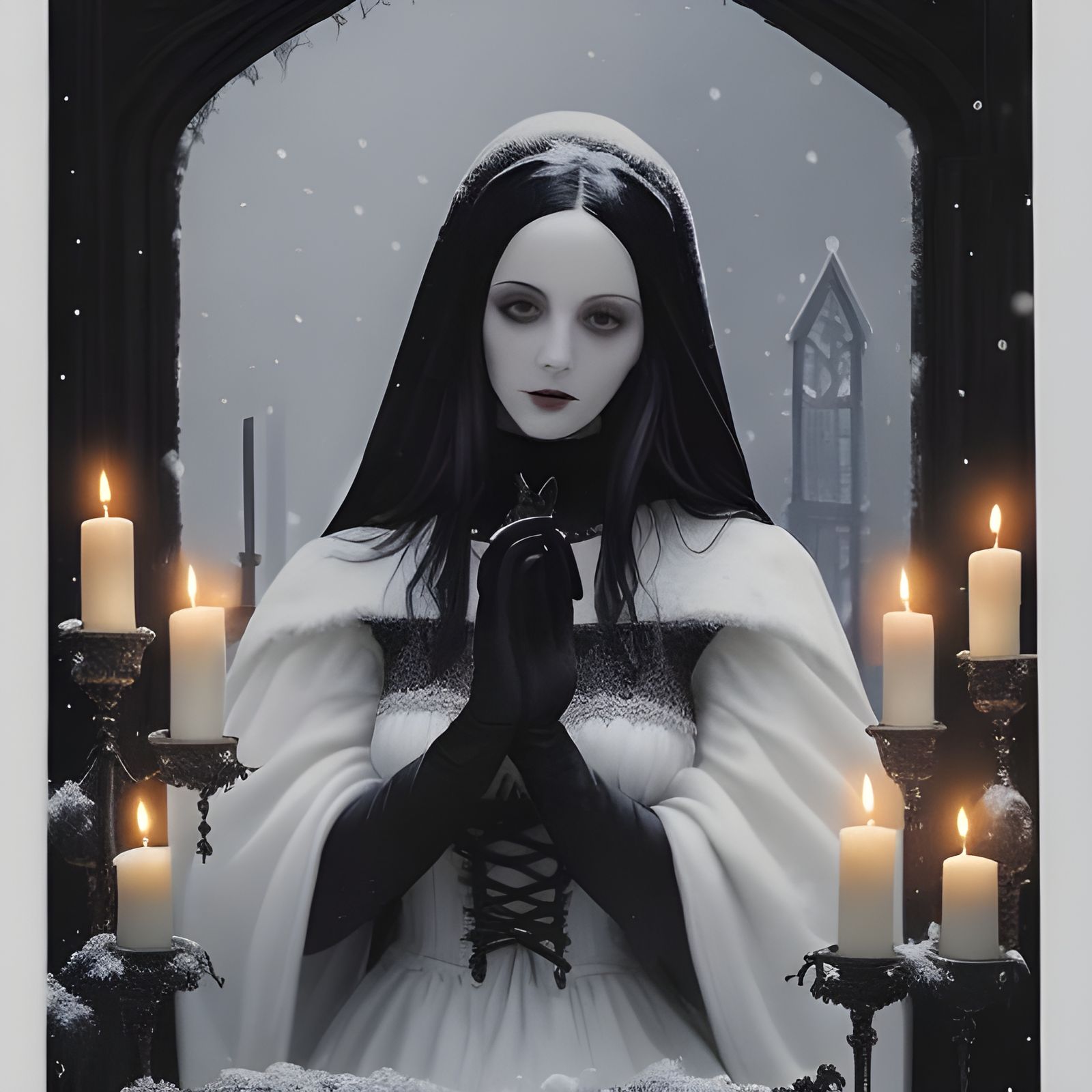Gothic Christmas Card with Candles and Snow